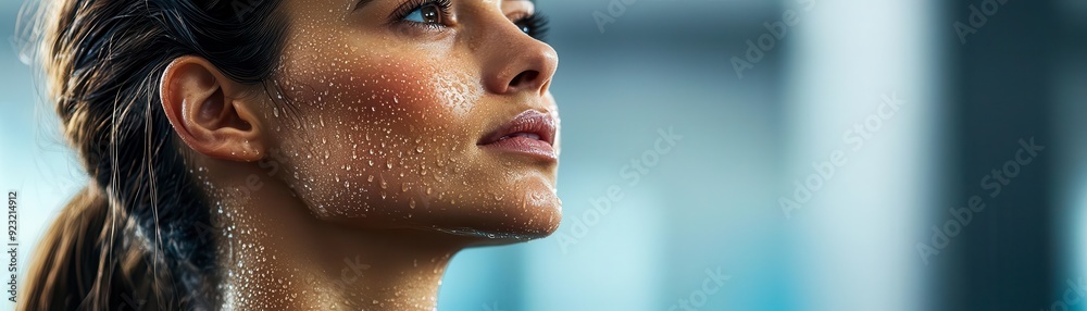Detailed shot of a woman s face, sweat glistening as she holds a challenging yoga pose, fitness intensity, discipline under pressure Detailed shot of a woman s face, sweat glistening as she holds a challenging yoga pose, fitness intensity, discipline under pressure
