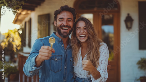 A joyful western young couple standing at the entrance of their house, both showing a key with excited expressions, the front porch and door behind them