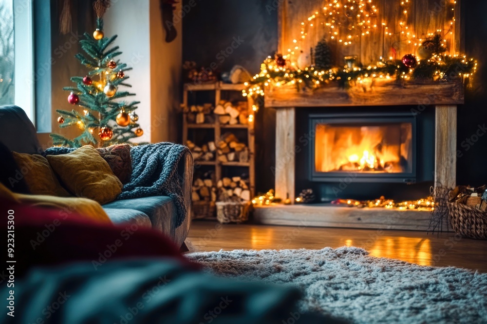 A beautifully decorated living space featuring a glowing fireplace, a twinkling tree, and a welcoming atmosphere for winter festivities A beautifully decorated living space featuring a glowing fireplace, a twinkling tree, and a welcoming atmosphere for winter festivities