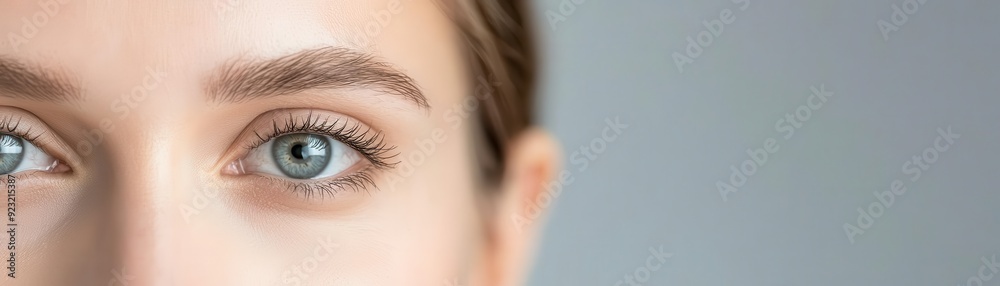 Fototapeta premium Zoomed-in view of a woman s focused eyes during a balancing yoga pose, mental discipline, mindful fitness