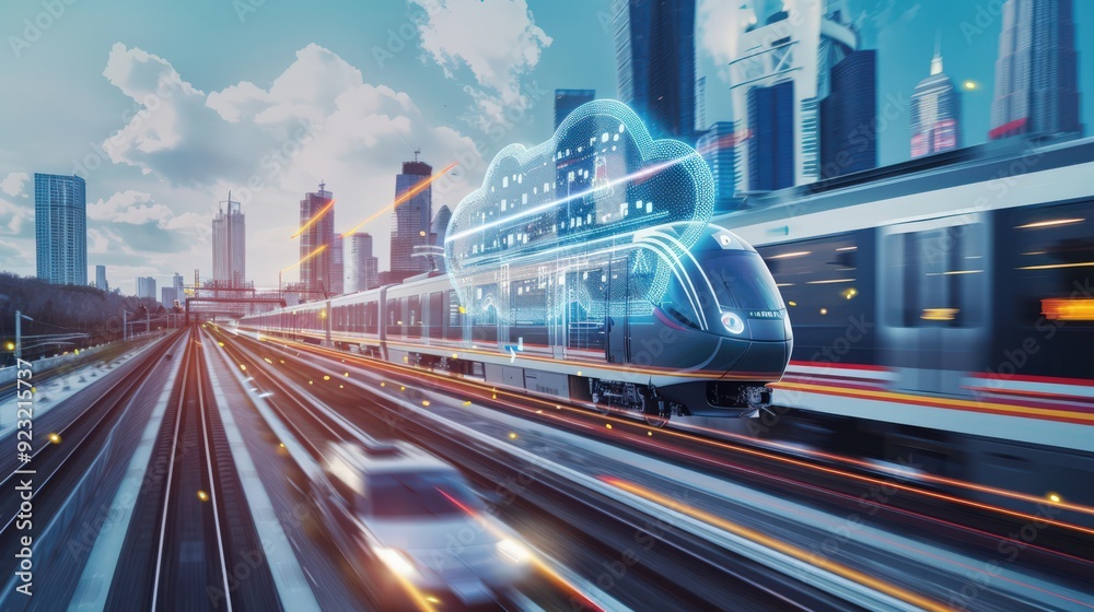 Naklejka premium A train is shown with a cloud on it, and it is traveling down a track