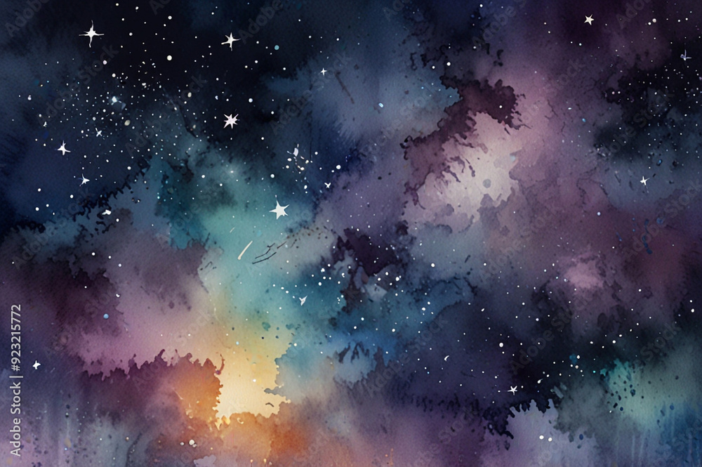 Naklejka premium Celestial Watercolor Sky with Indigo to Lavender Gradient and Subtle Stars
