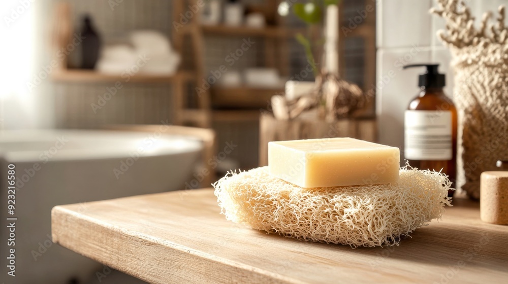 Natural soap rests on a loofah, surrounded by a tranquil bathroom ambiance filled with wooden accents and soft lighting Natural soap rests on a loofah, surrounded by a tranquil bathroom ambiance filled with wooden accents and soft lighting