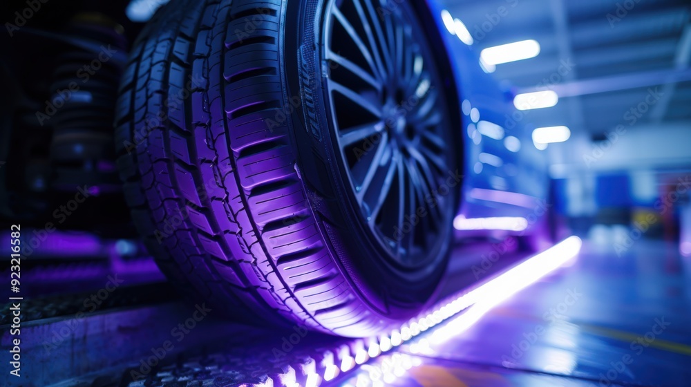 A car tire is lit up with purple lights A car tire is lit up with purple lights