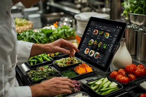 Chef Selects Dishes from Digital Menu on Tablet for Restaurant Customers, Fresh Vegetables and Sides Ready in Serving Dishes