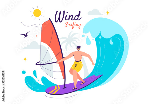 Vector Illustration of Windsurfing with a Person Standing on a Sailing Boat, Holding the Sail, in an Extreme Water Sport in Flat Cartoon Background