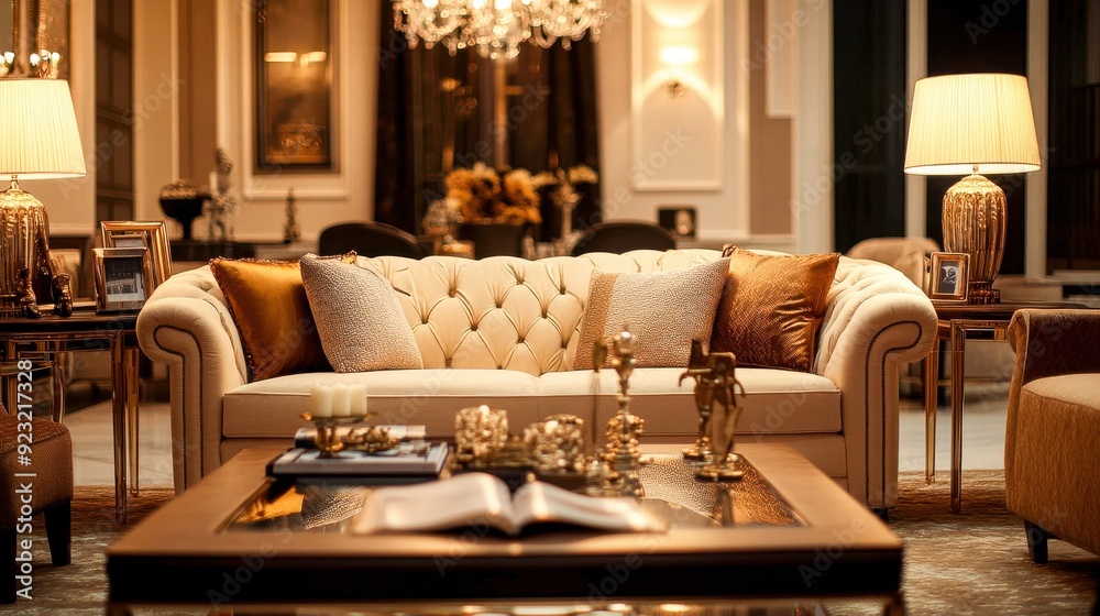 A sophisticated living room features a plush couch adorned with golden cushions, illuminated by soft lamp light, creating a cozy atmosphere for relaxation A sophisticated living room features a plush couch adorned with golden cushions, illuminated by soft lamp light, creating a cozy atmosphere for relaxation