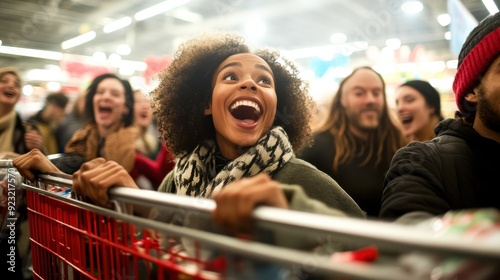 A cheerful woman beams as she pushes her cart, surrounded by friends in a vibrant store filled with holiday shopping energy