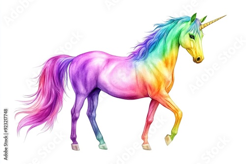 Colorful unicorn illustration with a vibrant rainbow mane and tail, prancing gracefully on a white background photo