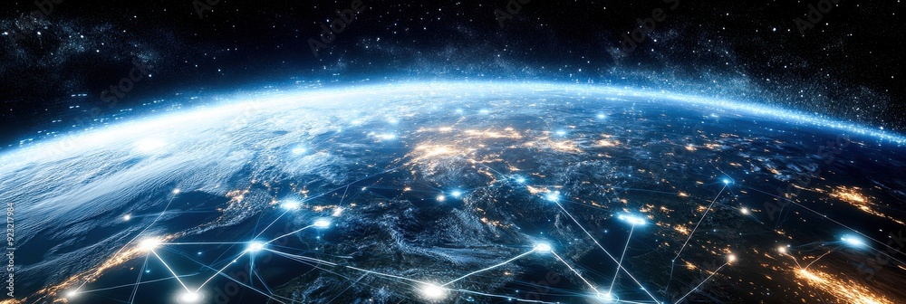 © Alex - Majestic view of Earth from space at night, with glowing cities and vibrant network connections, highlighting the interplay of nature and technology