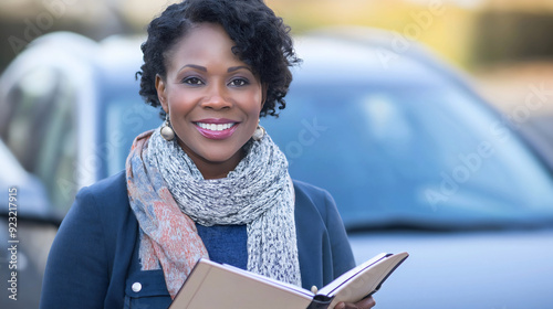 Happy, smiling African American middle-aged woman, female driving instructor, teacher or examiner, standing outside in front of a car, automobile, cheerful professional driver, education  photo