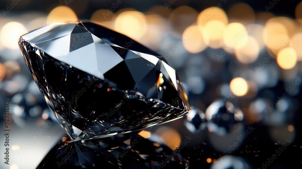 A dazzling black diamond captures light, surrounded by shimmering orbs, evoking a sense of opulence and refinement in a luxurious setting A dazzling black diamond captures light, surrounded by shimmering orbs, evoking a sense of opulence and refinement in a luxurious setting