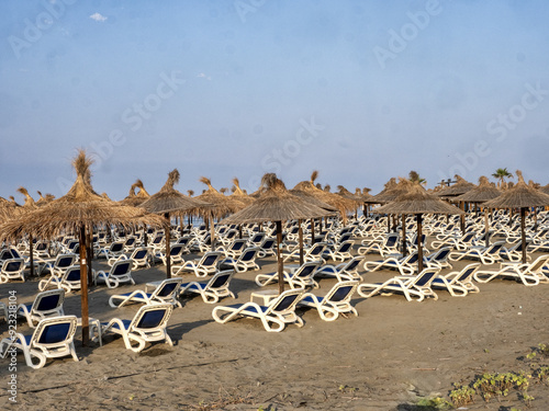 Obraz na płótnie In the morning, there are empty sunbeds on the beach of Černá Hora. w salonie