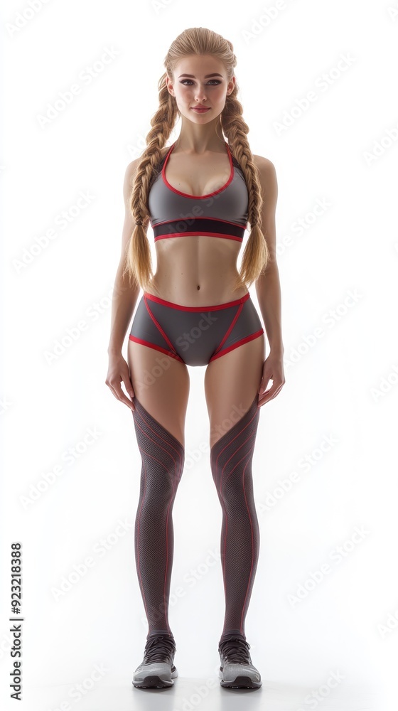 Fototapeta premium Energetic Slavic Female Fitness Model in Track and Field Uniform Smiling in Dynamic Pose on White Background, Generative Ai