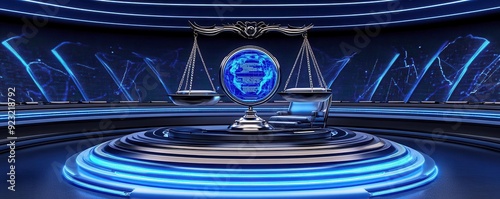 A futuristic courtroom with holographic evidence, workers rights case in progress, deep blue tones, cyberlaw theme, 3D