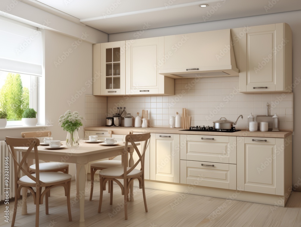 A modern kitchen with wooden floors, white cabinets, and a dining table set. A modern kitchen with wooden floors, white cabinets, and a dining table set.