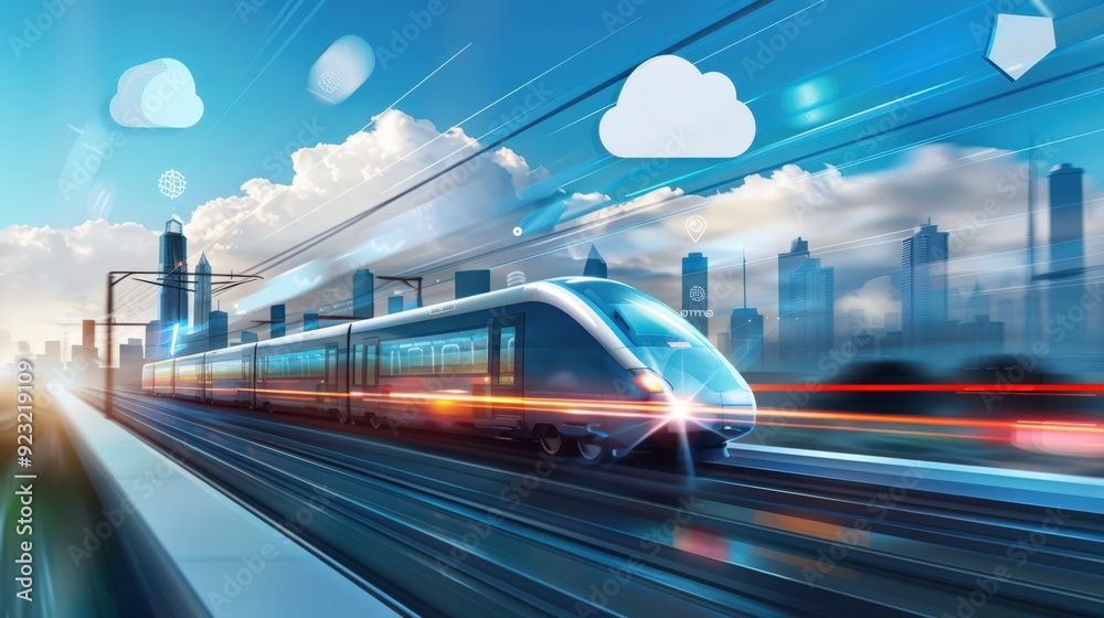 A train is speeding down the tracks with a city in the background A train is speeding down the tracks with a city in the background