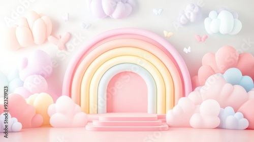 Delicate pastel colors blend harmoniously, with a welcoming rainbow and fluffy clouds creating an enchanting space full of imagination and wonder