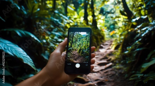 A hand holds a smartphone to capture a vibrant forest path surrounded by lush foliage and sunlight filtering through the trees