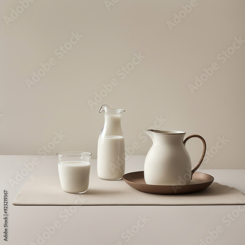 Pitcher with milk, bottle of milk and glass of milk on a table