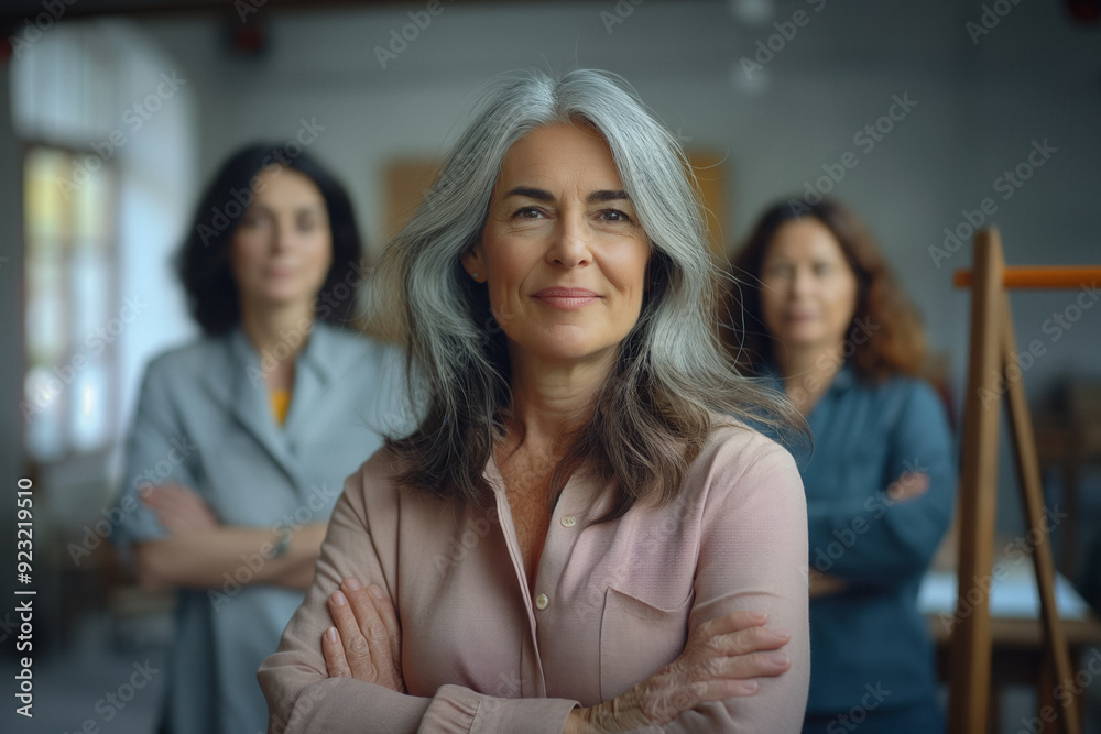 Fototapeta premium Portrait of a 45-year-old lady entrepreneur, and a mature female professional executive manager leader standing with arms crossed in the office, looking at the camera.