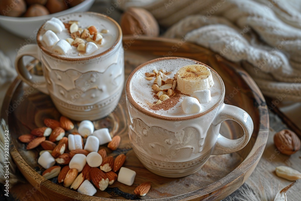 Hot chocolate topped with marshmallows, banana slices, and nuts, served in a cozy mug on a rustic table with almonds and sliced bananas in the background Hot chocolate topped with marshmallows, banana slices, and nuts, served in a cozy mug on a rustic table with almonds and sliced bananas in the background