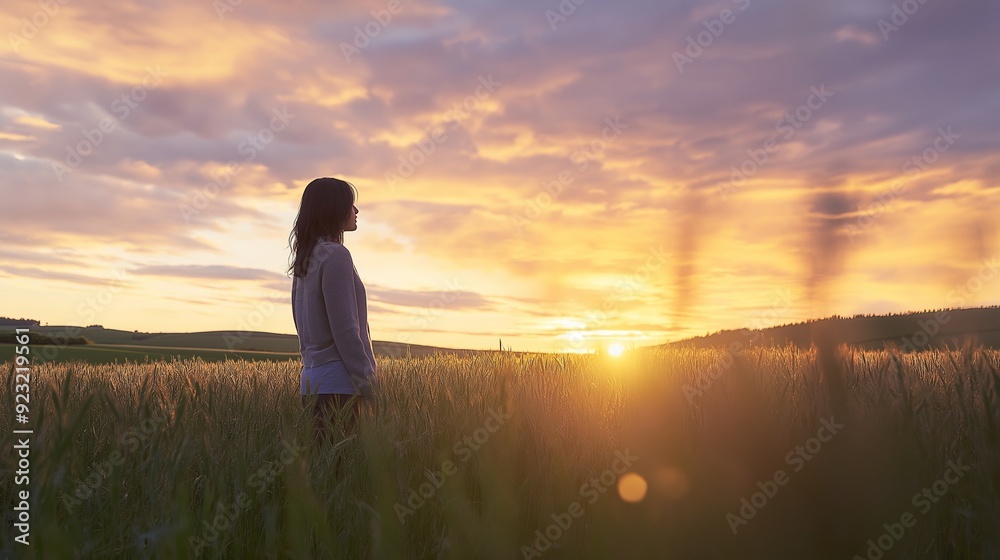 A woman enjoying the sunset in a field A woman enjoying the sunset in a field