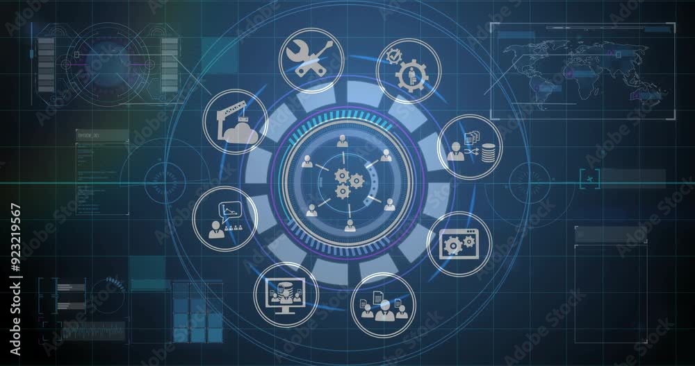 Animation of technology and business process automation with digital interface icons