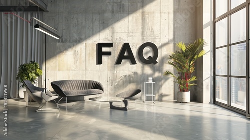 Modern home interior with minimalist furniture and clean lines; with the letters 