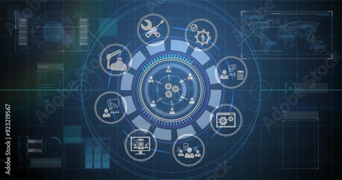 Animation of technology and business process automation with digital interface icons