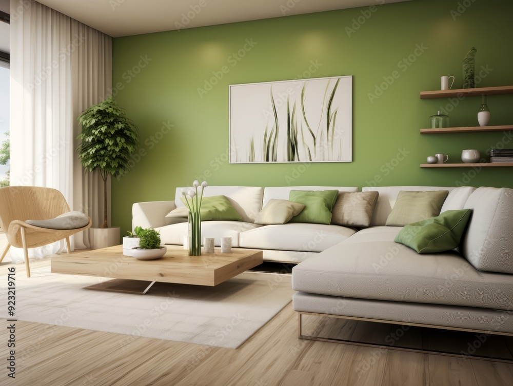A modern living room with a white sectional sofa, wooden coffee table ...