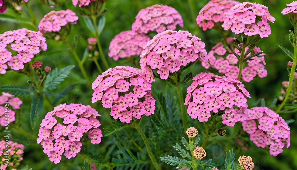 Pink Yarrow blooms, Achillea Millefolium plants in field Pink Yarrow blooms, Achillea Millefolium plants in field