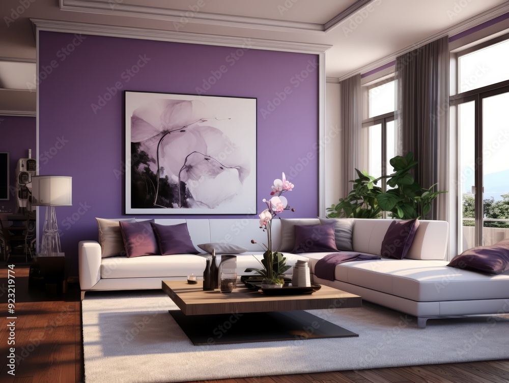 A modern living room with a white sectional sofa, purple throw pillows, and a wooden coffee table with a vase of orchids on it. A modern living room with a white sectional sofa, purple throw pillows, and a wooden coffee table with a vase of orchids on it.
