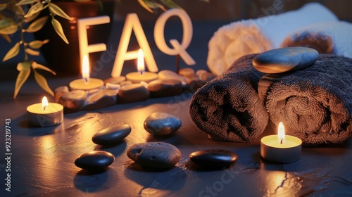 Luxury spa setting with candles, stones, and towels; with the letters 