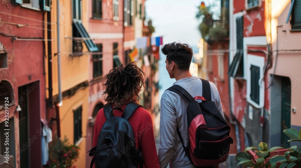 Obraz premium Charming holiday town exploration by couple, deep depth of field, copy space, focus on objects, richly descriptive.