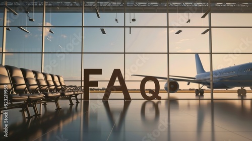 Airport terminal with planes visible through large windows; with the letters 