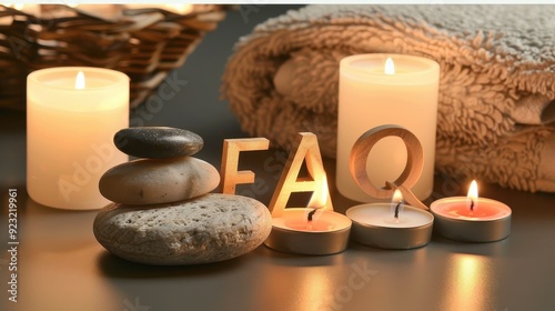Luxury spa setting with candles, stones, and towels; with the letters 