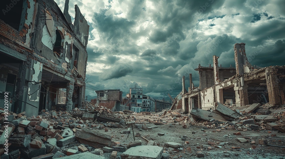 Fototapeta premium Desolate urban landscape with crumbling buildings and rubble under a stormy sky, depicting destruction and abandonment