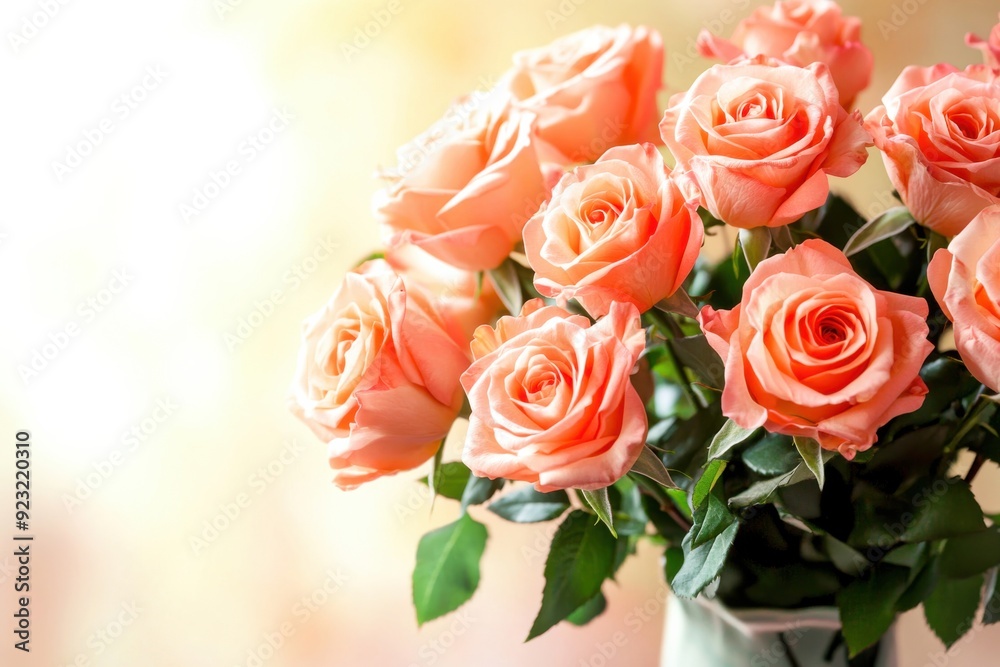A bouquet of peach roses blooms vibrantly, their soft petals illuminated by gentle sunlight in a serene corner A bouquet of peach roses blooms vibrantly, their soft petals illuminated by gentle sunlight in a serene corner