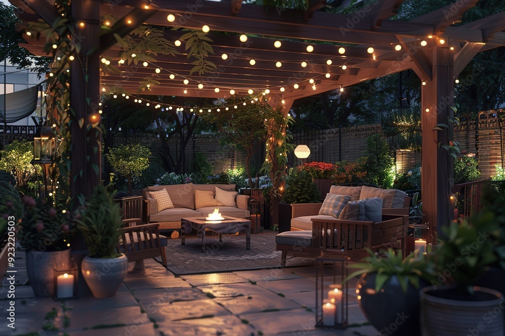 Cozy outdoor patio with string lights, lush greenery, and comfortable seating around a fire pit, creating a warm and inviting atmosphere Cozy outdoor patio with string lights, lush greenery, and comfortable seating around a fire pit, creating a warm and inviting atmosphere
