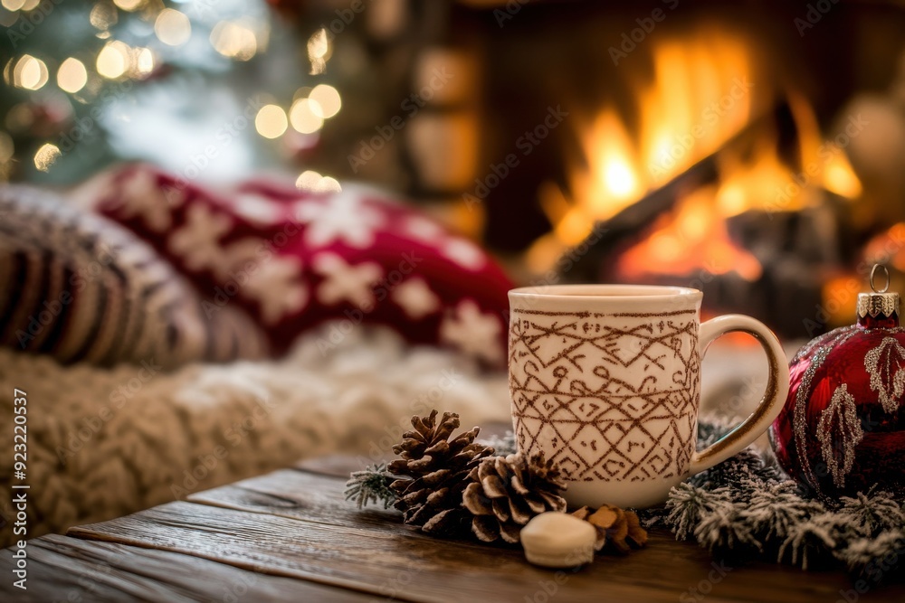 A steaming mug rests on a wooden table, surrounded by pine cones and ornaments, while a crackling fire casts a warm glow in the inviting room A steaming mug rests on a wooden table, surrounded by pine cones and ornaments, while a crackling fire casts a warm glow in the inviting room