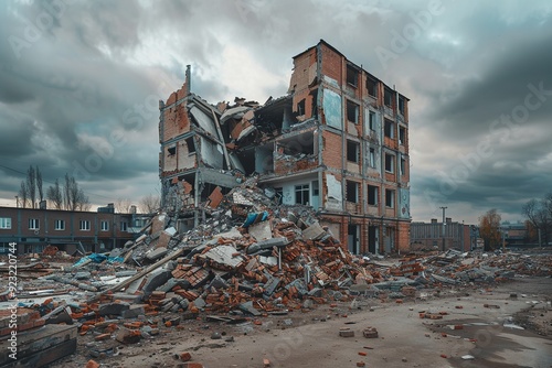 Crumbling building surrounded by rubble in a post-disaster urban scene, under a dramatic sky at sunset