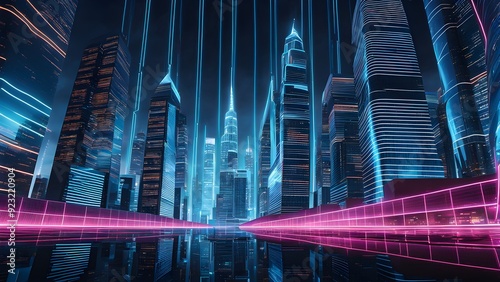 A cityscape with neon lights and a bridge in the foreground