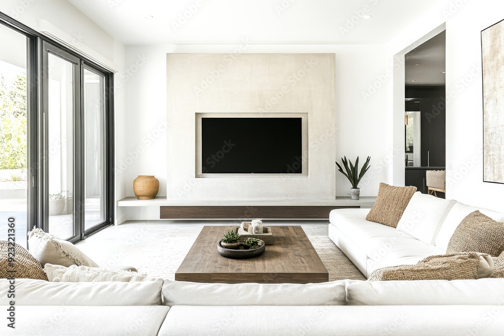 Natural light floods a chic living area featuring a spacious sofa and minimalist decor, perfect for relaxation and conversation Natural light floods a chic living area featuring a spacious sofa and minimalist decor, perfect for relaxation and conversation