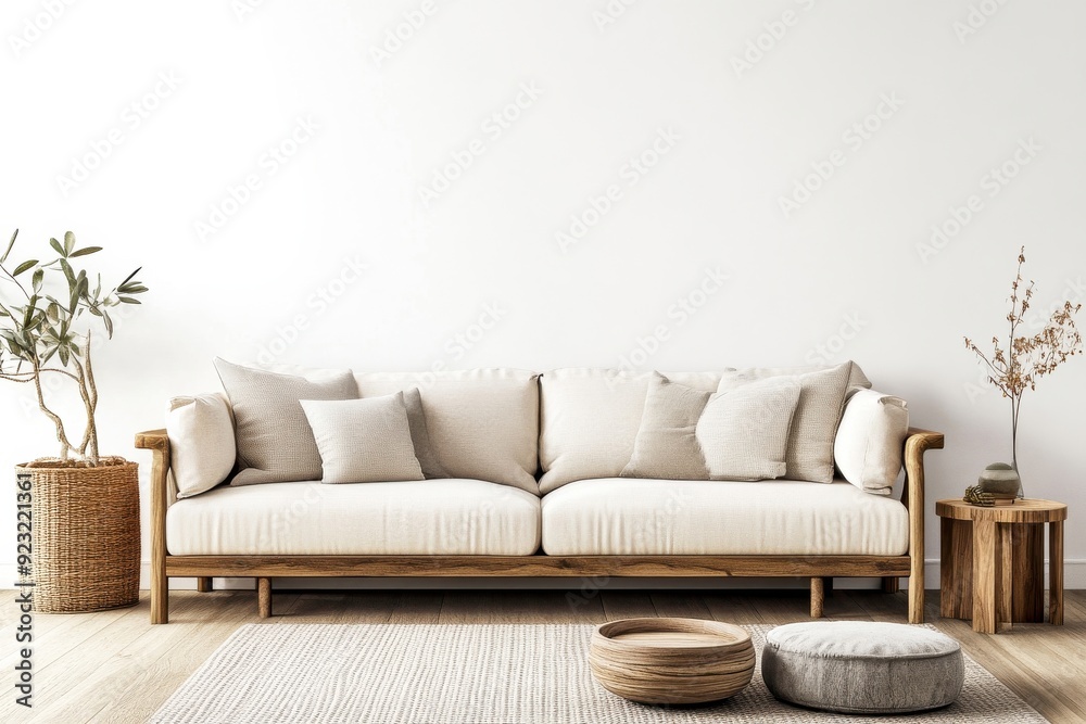 A beautifully arranged living area showcases a soft sofa, decorative pillows, plants, and earthy textures, inviting relaxation and tranquility