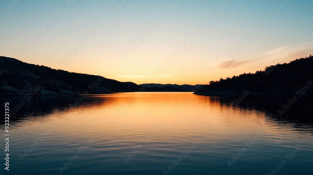 Golden hues reflect on still waters as the sunset casts a warm glow across the landscape, creating a peaceful atmosphere Golden hues reflect on still waters as the sunset casts a warm glow across the landscape, creating a peaceful atmosphere
