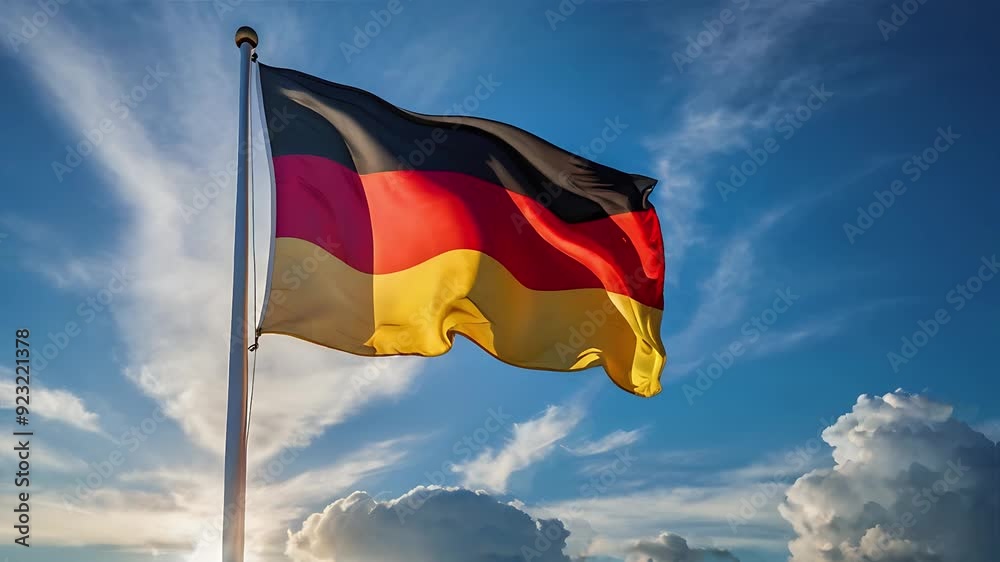 German Flag Waving Against Clear Blue Sky. Bold Black, Red, and Gold Stripes Symbolize National Pride, Patriotism, and Identity. Captures the Essence of Germany. German Flag Waving Against Clear Blue Sky. Bold Black, Red, and Gold Stripes Symbolize National Pride, Patriotism, and Identity. Captures the Essence of Germany.