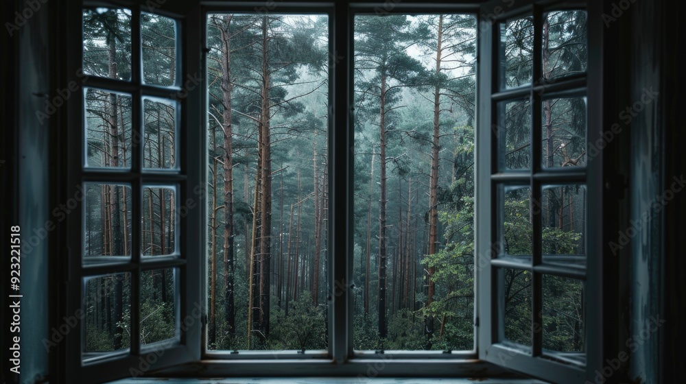 View of the forest through the window. Dark and melancholic atmosphere View of the forest through the window. Dark and melancholic atmosphere