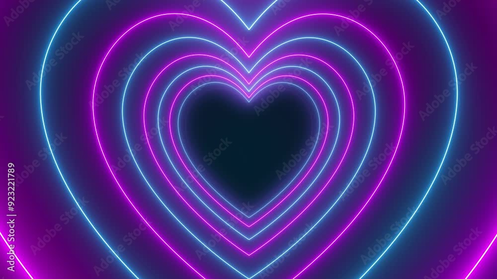 Video animation of many hearts in neon blue and neon magenta on dark background - abstract background - seamless loop.