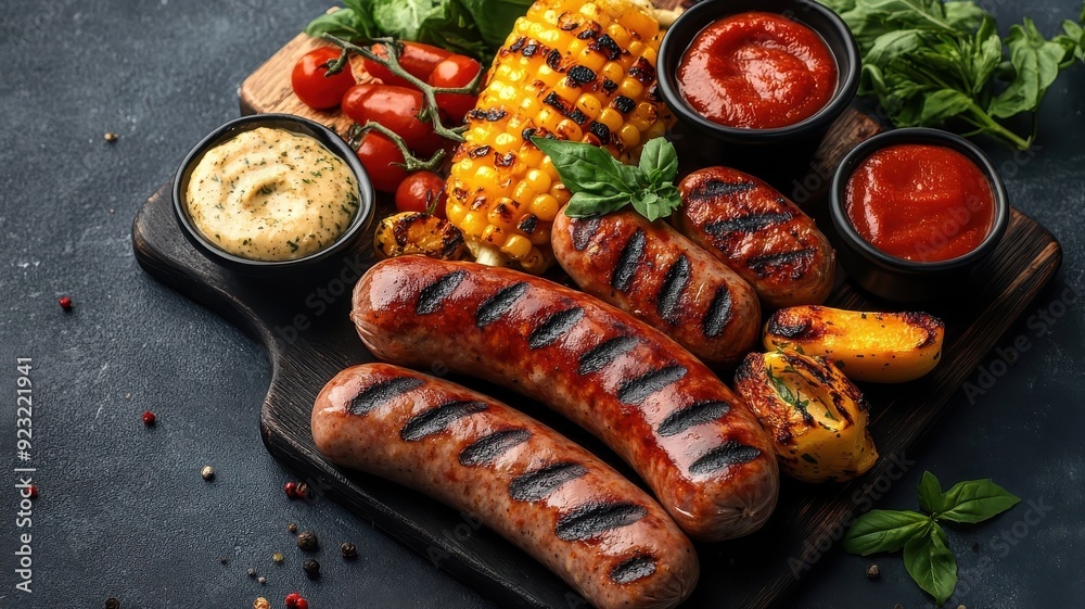 A vibrant barbecue scene with a platter of grilled sausages, featuring bratwurst, chorizo, and Italian sausage, complemented by colorful sides and sauces. A vibrant barbecue scene with a platter of grilled sausages, featuring bratwurst, chorizo, and Italian sausage, complemented by colorful sides and sauces.